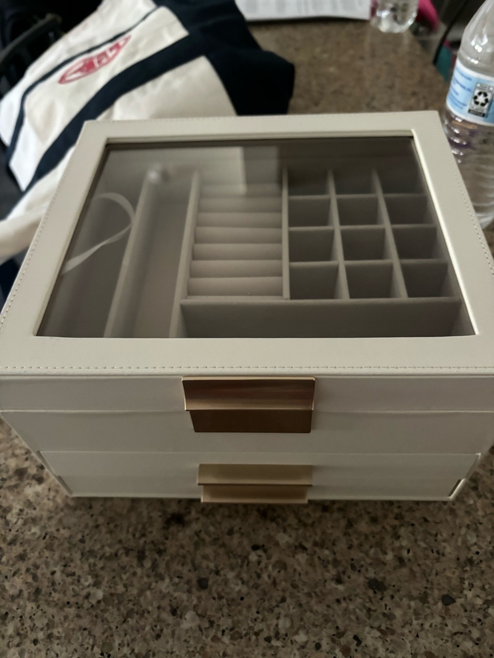 White Jewelry Organizer Box with Glass Top and Gold Hardware